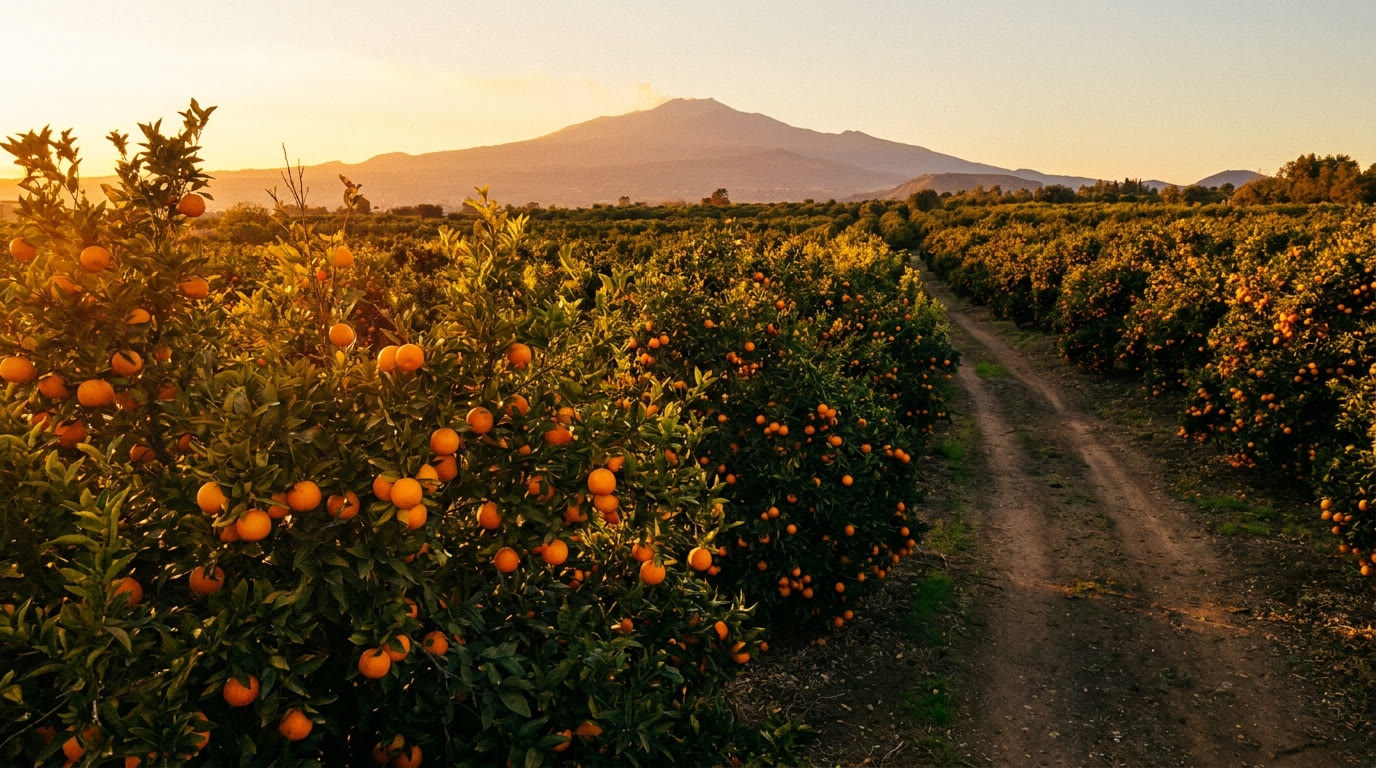 Orangenplantage zum Sonnenuntergang